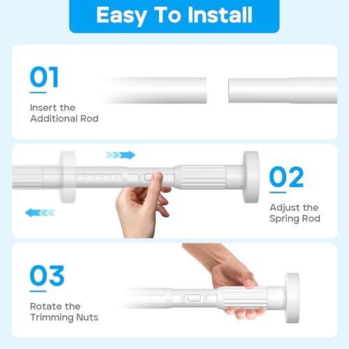 Image of Tension Curtain Rod,40-166IN(3.33-13.83Ft) 2PCS One-Click Fast Extension Rod Easy to Install White Long Outdoor Curtain Rods No Drilling Never Rust