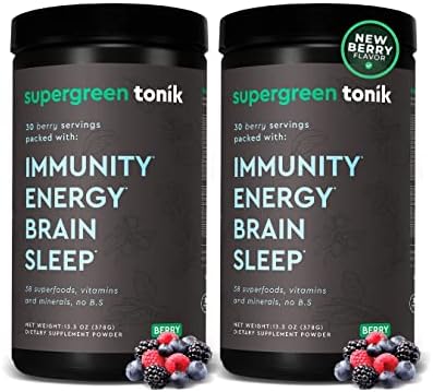 SUPERGREEN TONIK 100% Natural Greens Superfood Powder – Daily Supplement with 38 Superfoods, Vitamins and Minerals – Supports Energy, Stress and Immunity – 30 Days 360 Grams Berry Flavor (2 Tubs)