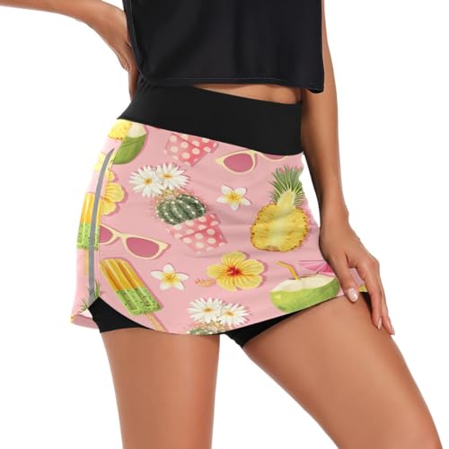 ODAWA Pink Tropical Saias de golfe leves para mulher calções desportivos para ténis S-XXL, Rosa trop