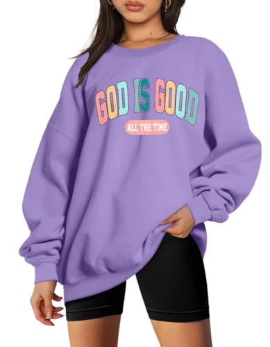LUKYCILD God Is Good Sweatshirt Christian Shirts for Women Oversized Jesus Religious Pullover Bible Verse Inspirational Tops Purple
