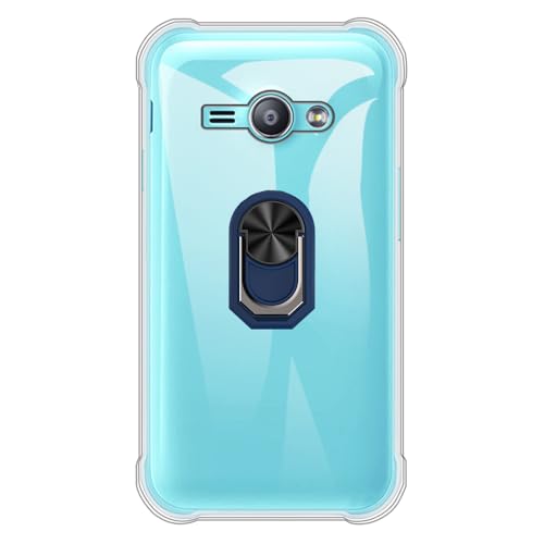 UOGNADGD Flexible Case + Ring Holder Compatible with Samsung Galaxy J1 Ace Phone Shockproof Cover & Magnetic Mecha Style Finger Grip Kickstand (Clear+BlueRing)