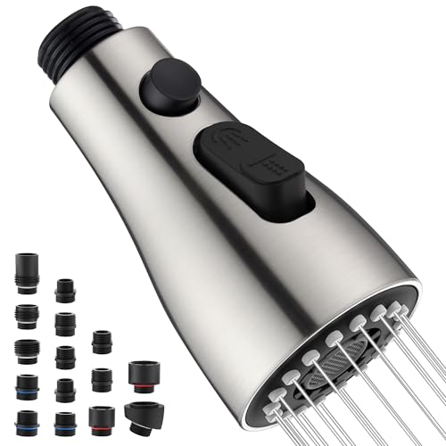 Kitchen Faucet Head Replacement with 15 Adapters - 3 Functions Pull Down Spray Head for Kitchen Faucet, Pull Out Faucet Sprayer Head Nozzle, Kitchen Sink Faucet Sprayer Head Parts, Brushed Nickel