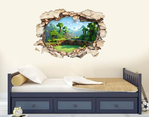 3D Block-Stil Wandtattoo: Realistischer Durchbruch-Effekt | Pixel Wald Landschaft Sticker für Gamer & Jungen Kinderzimmer | Selbstklebende Vinyl Deko