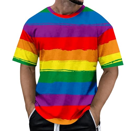 Summer T Shirts For Men Uk - Men's Casual Round Neck Short Sleeve T-Shirt Colorful Wide Striped Basic Top for Everyday Wear