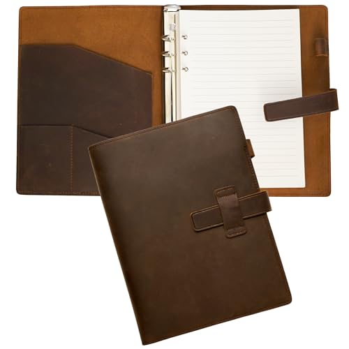 Refillable A5 Leather Binder Notebook 6-Ring, Reusable Genuine Leather Journal, Vintage Planner, 120 Pages Lined Paper & Pocket, for Writers Business Work Study College and Daily, 6.9”x 9”