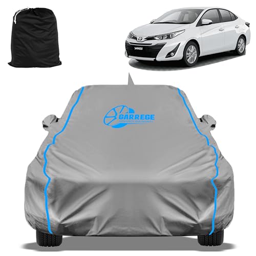 Image of Waterproof Car Body Cover Compatible with Toyota Yaris J Optional Bsiv Mirror and Antenna Pocket, Triple Stitched (Heat Resistant US Grey with Red Piping)