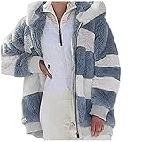 Frauen Wintermantel Durchgehender Reißverschluss Mantel mit Kapuze Kunstfell Flauschiger Plüsch Kontrastfarbe Gemütlich Outwear-Mäntel mit Taschen Blue Medium