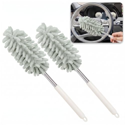 Pniwuno 2 PCS Car Interior Exterior Dusters for Cleaning, Bendable Hand Dusters with Extension Pole, Multi-Functional Car Cleaning Brush, Universal for Vehicle Details, Offices Cleaning (Green)