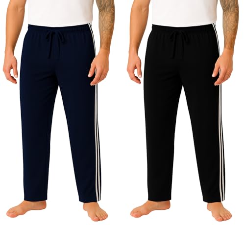 Image of Bahob® Mens Long Lounge Wear Pants Nightwear 1 & 2 Pack Pyjama Bottoms Sleepwear Elasticated Waist Striped Jogging Casual Gym Lightweight Loungewear Sizes M-2XL (Black x Navy / 2 Pack, XL)