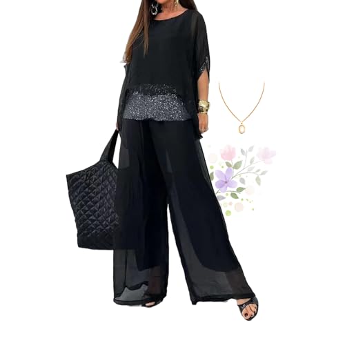 ZPLMIDE Traje casual de gasa con lentejuelas para mujer, elegante pantalón de gasa de pierna ancha, conjunto de dos piezas para boda, Negro, XXL