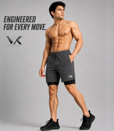 VK FITNESS Men's 2-in-1 Gym Shorts with Compression Liner, Dark Grey, - Image 4