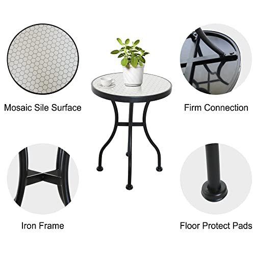 Kgopk Mosaic Table, Patio Bistro Table, Accent Plant Table, Coffee Table, Garden Backyard Side Table, Plant Stand For Outdoor & Indoor, Heavy Duty, 14”(Dia) X 16”(H), White #TOP2