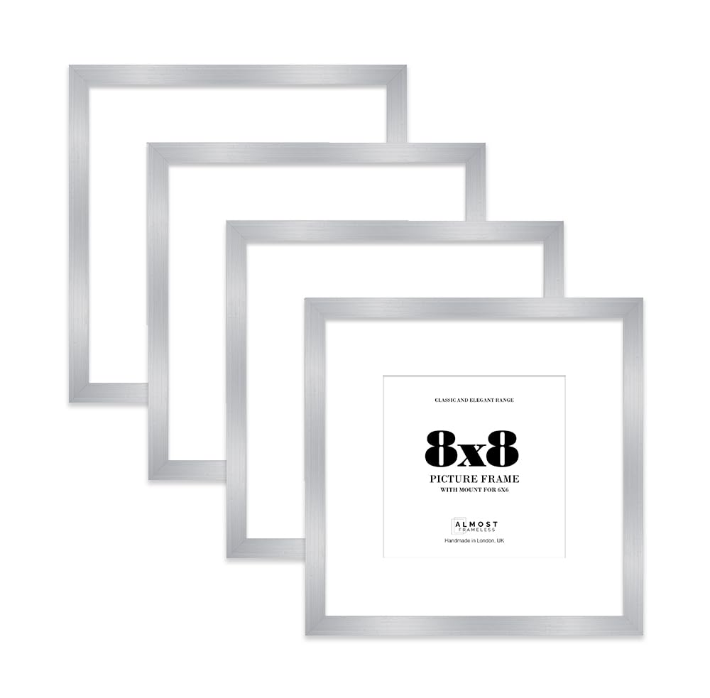 8x8 Silver Picture Frame with Mount for 6x6 Photos, Prints - Modern Square Wall Frame, Set of 4