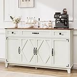 DSNAPE Farmhouse Buffet Cabinet with Drawers, 55' Large Sideboard Kitchen Buffet Storage Cabinet with 3 Adjustable Shelves and Doors Heightened Table Wood Coffee Bar for Kitchen Living Room, Off-White