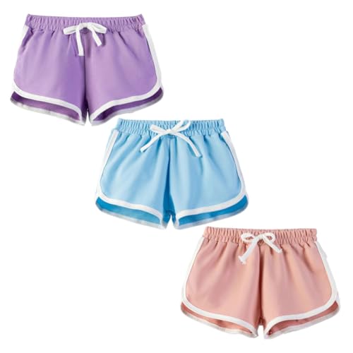 FedMois Boys Girls Summer Shorts Cotton, Pack of 3, Purple, Blue and Pink, 10-11 Years