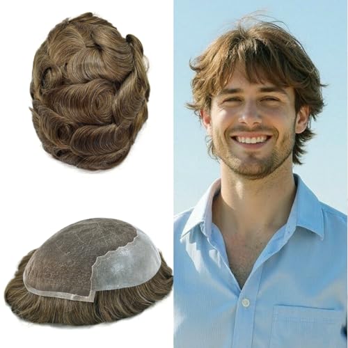 Toupee for Men Hair Replacement Systems Swiss Lace Front Mens Toupee Bleached Knot Natural Human Hair Piece (710# Very Light Brown with 10% Synthetic Grey, 7x9-100% Light Med-Light Density)