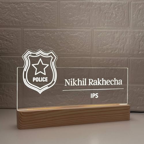 Image of Personalized Acrylic Desk Name Lamp for Police Officers | Custom LED Light with Name, Designation & Badge Logo | Inspector, DSP, SP, DCP, SSP, IPS Officer Gift | Best Police Service Gift (10 x 6 inch) (For Police Officer)