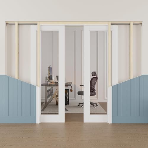 Image of 56 inch x 80 inch (Double 28 inch x 80 inch) Clear Glass Pocket Door, Soft-Close Sliding Pocket Door with Frame & Hardware Kit Set, Primed All-Inclusive Interior Door Slab for Home,White