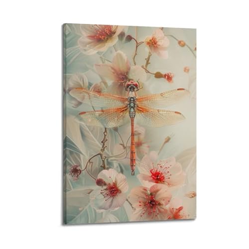 Toile libellule orange et cerisier rose pour salon moderne et zen