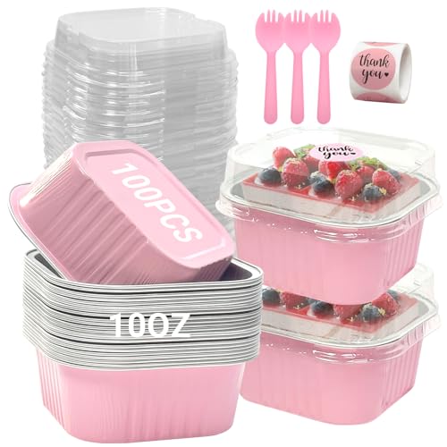 ylnurac 100 Pack 10oz Mini Cake Pans With Lids, Aluminum Foil Square Brownie Baking Cups,Disposable 4”x4” Large Cupcake Pan,Jumbo Muffin Tin Ramekins Holders-Pink by ylnurac - Used condition - US$27.54