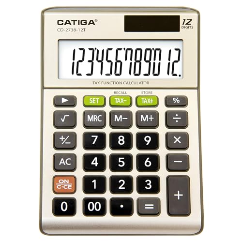 Desktop 12-Digit Business Calculator with Dual Power, Solar and Battery, for Basic, Finance and Tax Calculations, Desk Calculators for School or Office