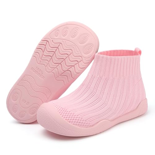 Toddler Pull On Sock Sneakers, Breathable Knit Barefoot Shoes Non Slip Rubber Sole Wide Toe Protection Memory Foam Washable Walking Tennis Shoes for 2-8 Year Old Boys Girls