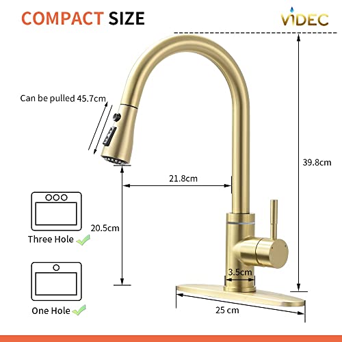 Videc Smart Kitchen Faucet, 3 Modes Pull Down Sprayer, Led Temperature Control, Ceramic Valve, 360-Degree Rotation, 1 Or 3 Hole Deck Plate. (Kw-68J, Brushed Gold, 15.66 Inches) #TOP6