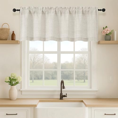 OVZME - Cenefa natural para ventanas, cenefa pequeña de textura de lino simulado para filtrar la luz, cenefas para ventanas de cocina, cenefa de granja corta para baño y sótano con doble bolsillo para
