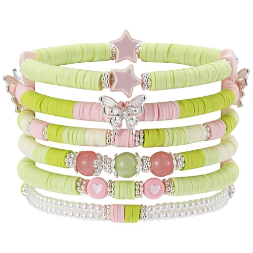 Besydec Green Pink Pearl Beaded Bracelets Set