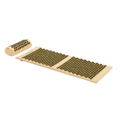 XTREXO - Esterilla de acupresión grande con cojín en color marrón, 110 x 44 x 2 cm, con cojín de 38 x 15 cm, incluye funda de algodón y esponja 18D, resistente a la abrasión, picos de PVC que alivia