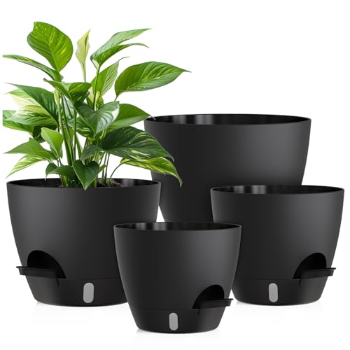 Plant Pots, 1 Pack 12 Inch Self Watering Pots with Drainage Holes, Water Level Indicator Deep Reservoir, Large Planters for Indoor Outdoor Plants - Black