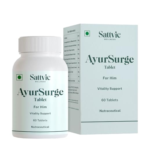 Image of AyurSurge by Sattvic Wellness | Testosterone Support | Male Vitality Supplement | 11 Key Ingredients in Each 1.28g Tablet - L-Citrulline, Ashwagandha, Safed Musli, Gokshura, Panax Ginseng, Krounchbeej, Methi, Vidarikhand, Magnesium, Zinc and Saffron | Boosts Stamina, Energy & Confidence | 60 Tablets