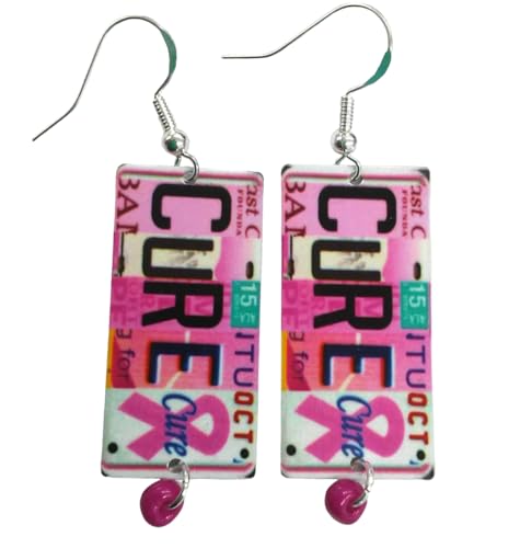 The Cure Earrings, Breast Cancer Awareness Jewelry HypoAllergenic Sterling Silver,Pink Ribbon,Artist Original Design License Plate Art, Pink Jewelry, Necklace Available Handmade Unique (Cure Necklace)