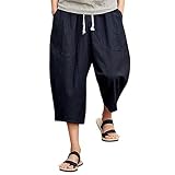 ??Amlaiworld Leinen Baumwoll Weite Beinhosen Sommer Strand locker Pants Tasche Sport Herren Hosen Mode Band 3/4 lang Freizeithose männer Gemütlich Fitness Streetwear