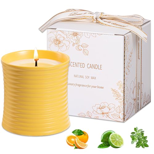 Generic Natural Soy Wax Scented Candle, Lime Basil Citrus Fragrance, Handmade Luxury Home Decor with Cotton Wick,Yellow Ceramic Container, Reusable Jar