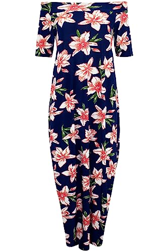 Fashion Star Womens Ladies Floral Printed Off The Shoulder Italian Drape Baggy Maxi Dress Navy Pink Flower Maxi Dress Plus Size (UK 20/22)