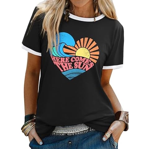 WIEIYM Ladies T Shirts Love Heart T Shirt Sun Wave Sea Graphic Print Slogan Tee Women Summer Holiday Beach Hawaiian T-Shirt Unisex Crew Neck Short Sleeve Tops Black Cover