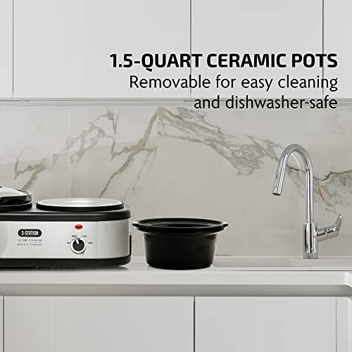 Image of OVENTE Electric Triple Slow Cooker, 4.5Qt Buffet Server, Silver SLO315CBR | 300W Portable Three 1.5Qt Pots, Adjustable Heat Settings, Easy to Monitor & Clean, Perfect for Entertaining