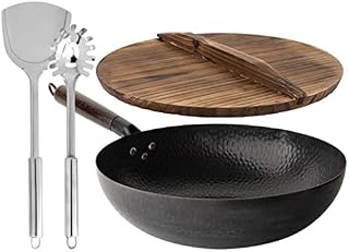 Homeries Carbon Steel Wok with 2 Spatulas & Wooden Lid for Electric, Induction