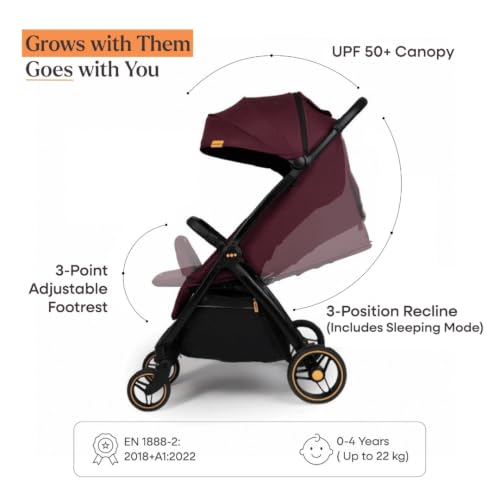 Image of Loopie Hop 1 Hand Fold Travel Friendly Compact CABIN Stroller for 0-4 Years | 3 position RECLINE Seat with SLEEPING position | SUN Protection UPF 50+ Canopy | 5 Point Safety HARNESS | 360 Wheels | 5 KG storage BASKET | WASHABLE Oxford Cotton fabric | MOSQUITO NET | Self-standing | 1 year WARRANTY | Maroon