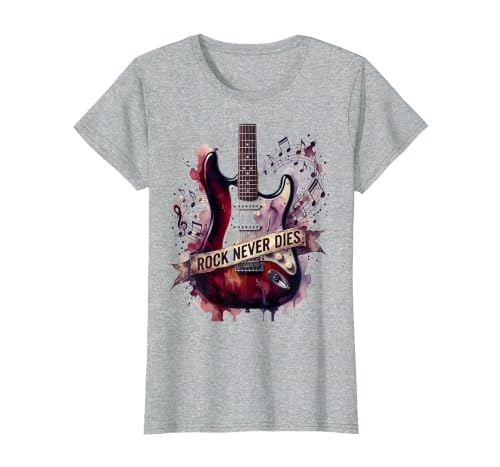 Rock Never Dies Bold Rockstar Graphic Design T-Shirt, Women, Heather Grey, Large