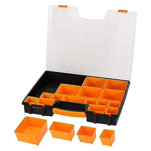 Amazon Basics 19-Removable Compartment Small Parts Organizer, Portable Hardware Storage Box with Customizable Compartments, Black, Orange, 16.5 x 13.2 x 2.4 inches view 3