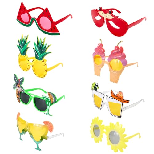 AUTOWT 8PCS Hawaiian Luau Party Glasses, Funny Summer Hawaiian Beach Party Photo Booth Props Kits with Different Shapes for Pool Aloha Party Supplies