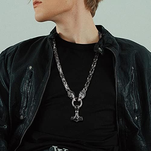 ADRAMATA Thors Hammer Necklace for Men Stainless Steel Norse Necklace Fenris Wolf Byzantine Chain Necklace Viking Pendant Necklace Mjolnir Thor Hammer Pendant Necklace Mens Viking Necklace Jewellery