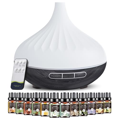 Aeshory Difusor Aceites Esenciales para Humidificador, Difusor Aromaterapia con 12 X 5ml Aceites Esenciales, Ambientadores de Hogar con Control Remoto, LED de 7 Colores y Temporización, Regalos Mujer