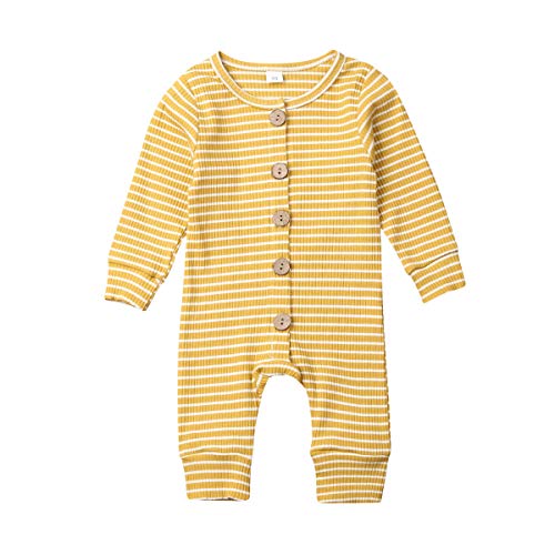 Newborn Baby Boy Girl One Piece Rompers Long Sleeve Organic Rompers Jumpsuits Pajamas Sleeper Overall Toddler Clothes (Yellow Stripes, 0-3 Months)