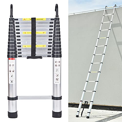 16ft Échelle Télescopique 5M en Aluminium Argent avec Crochets de Toit Telescopic Ladder Bricolage Pliable Extensible Ladder Charge 330lbs (150 kg) Cover