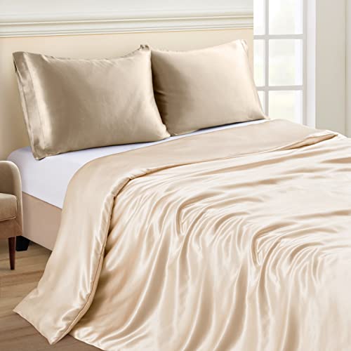 Image of NSGZ Satin Duvet Cover for Weighted Blanket, 60x80, 8 Ties, Khaki | 8 Ties And Zipper For Secure Fit, Cooling Satin Gentle On Skin, Machine Washable, Fits 48x72 And 60x80 Weighted Blankets
