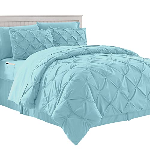 Elegant Comfort Cozy and Soft 8-Piece Bed-in-a-Bag All Season Comforter Set, Includes 4pc Smart Sheet Set, Bed Skirt, Comforter, Matching Pillowcases and Shams, Pintuck Design, Twin/Twin XL, Aqua