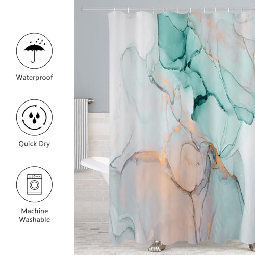 Gibelle 4 Pcs Bathroom Shower Curtain Set with Non-Slip Rugs, Toilet Lid Cover and Bath Mat, Grey Teal Marble Bathroom Decor Set with Shower Curtain and Rugs and Accessories by Gibelle - Image 5